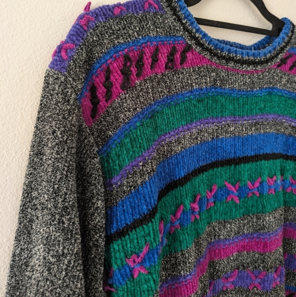 Vintage Russ Multicolored Sweater 90s Bright Colorful Crotchet/Yarn Women's SP - Picture 4 of 9